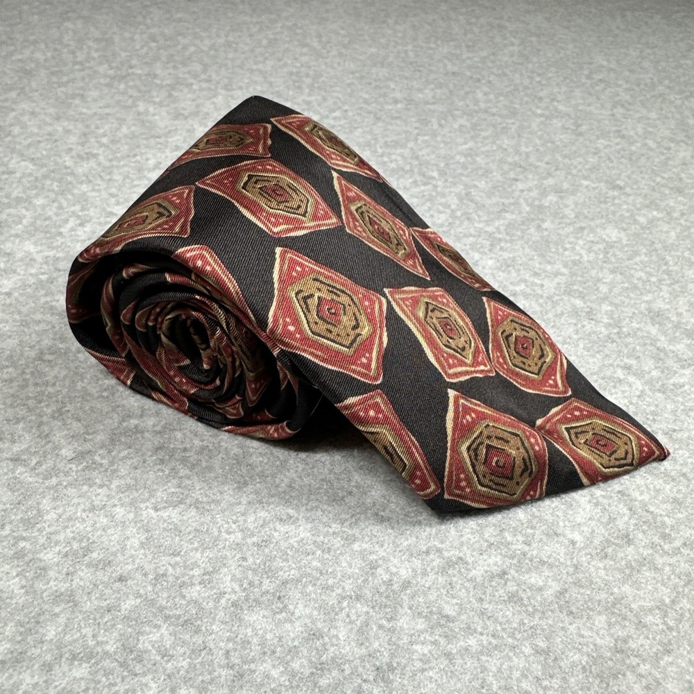 Guy Laroche Silk Tie Vintage 90s Red Gold Geometric Wide Blade‎ 54x3.75in